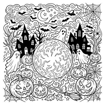 Get ready for a wickedly fun coloring adventure with this unique Halloween scene! It features a mesmerizing ball of lightning at its heart, surrounded by classic spooky elements like haunted houses and smiling jack-o'-lanterns.
