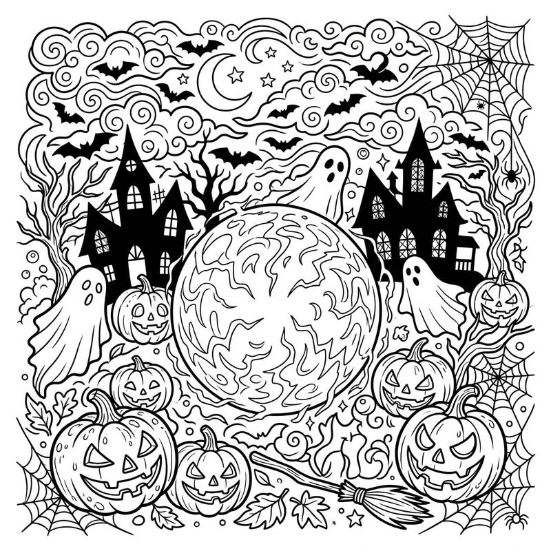 Get ready for a wickedly fun coloring adventure with this unique Halloween scene! It features a mesmerizing ball of lightning at its heart, surrounded by classic spooky elements like haunted houses and smiling jack-o'-lanterns.
