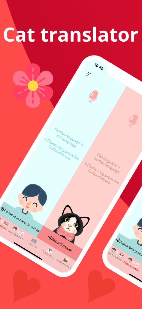 A mobile app interface for translating between human and cat languages with cartoon icons and recording buttons