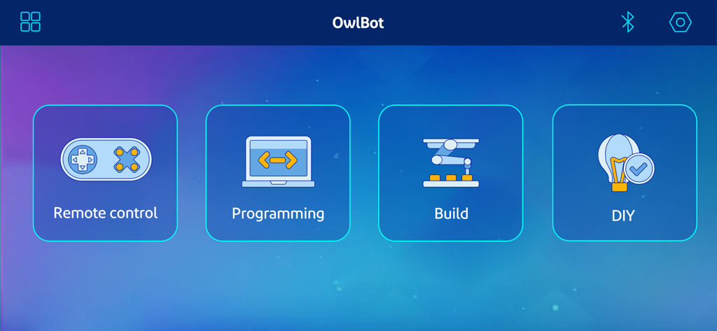ElegooKit - Menú principal de la aplicación ElegooKit para OwlBot mostrando botones de control remoto, programación, construcción y funciones DIY.