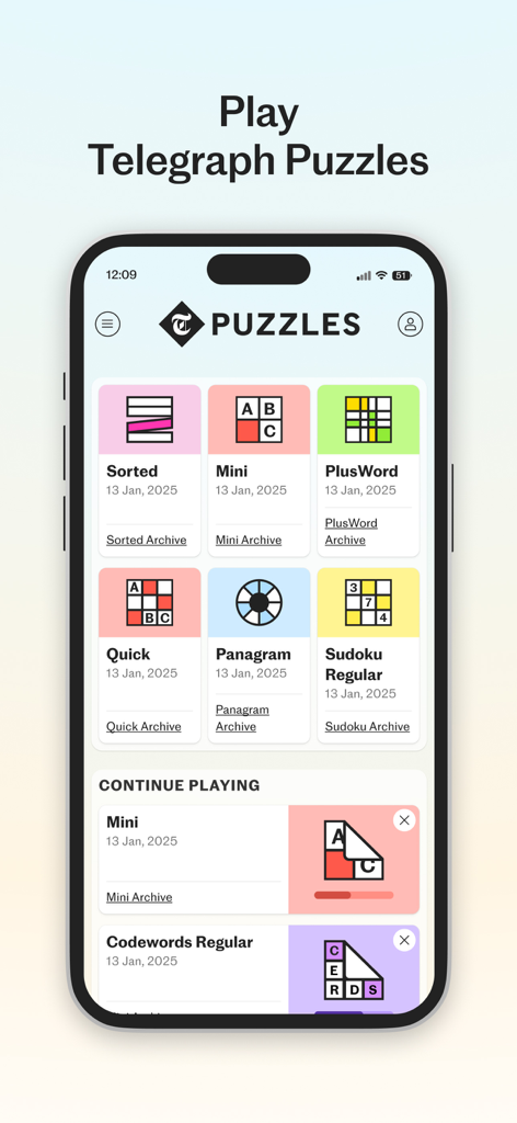 Telegraph Puzzles - The home screen of the Telegraph Puzzles app showing a variety of word and logic games