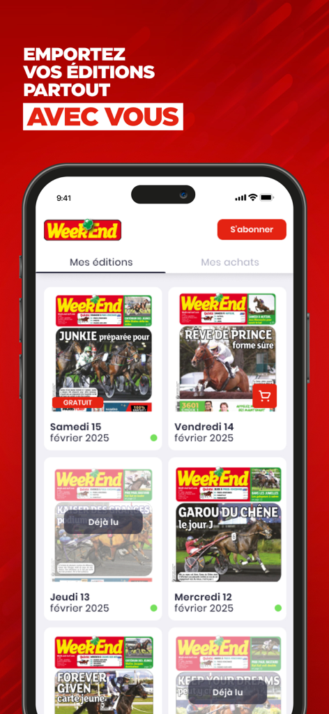 Week End : pronostics quinté - Un smartphone affichant l'interface de l'application Week End Turf avec une bibliothèque d'éditions numériques de magazines pour les pronostics hippiques.