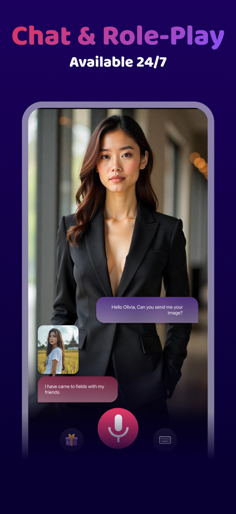 SweetTalk: Your AI Girlfriend - Interfaz de la aplicación SweetTalk que muestra un chat IA 24/7 y conversación de rol con un personaje de novia virtual llamado Olivia