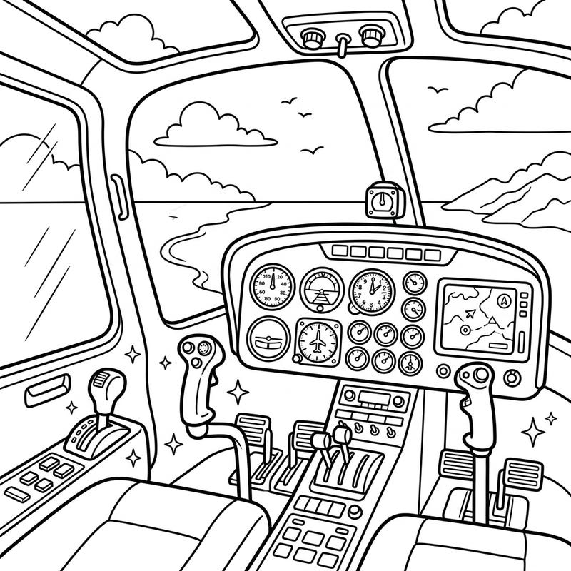 Get ready for an aerial adventure with this engaging helicopter cockpit coloring page designed especially for kids! Young aviators will love bringing the pilot's seat to life with their favorite colors.