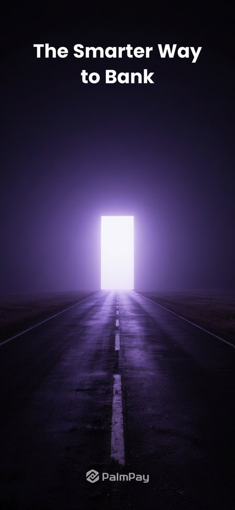 PalmPay - Transfers, Bills - Pantalla introductoria de la aplicación PalmPay con un camino que conduce a un portal brillante con el lema La forma más inteligente de operar bancariamente