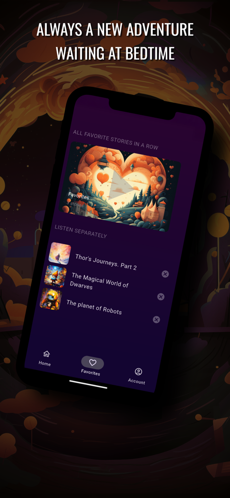 Dreamsy: Bedtime Stories Kids - Dreamsy app favorites screen displaying a list of calming bedtime stories for kids