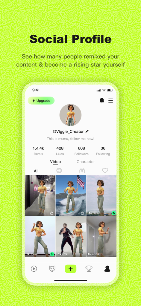 Interface de profil social dans l'application Viggle AI montrant les statistiques du créateur et une grille de mèmes vidéo générés par IA