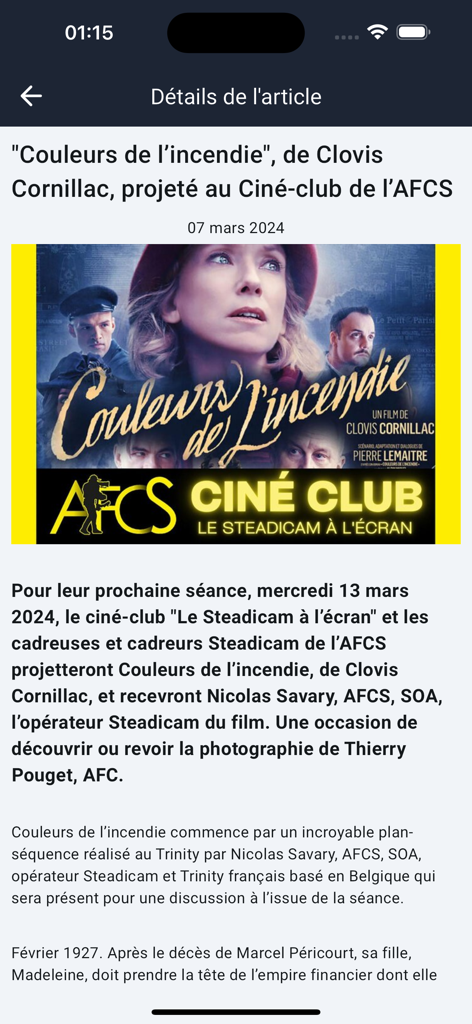 A mobile app screen showing the details of an article about a French film screening event on AFCNews.