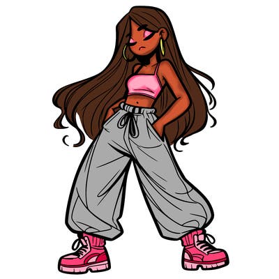 girl in baggy pants crop top and long hair