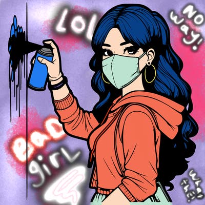 realistic girl with mask spray painting a wall