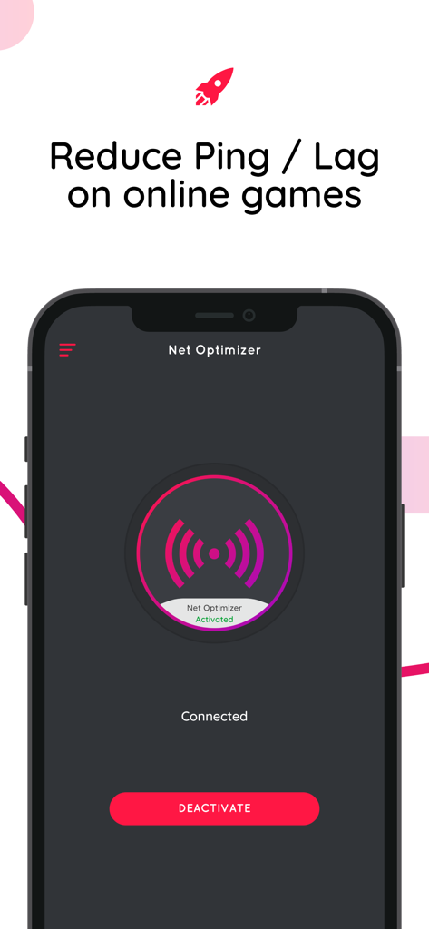 Smartphone showing Net Optimizer app interface with connected status to reduce ping and lag in online games