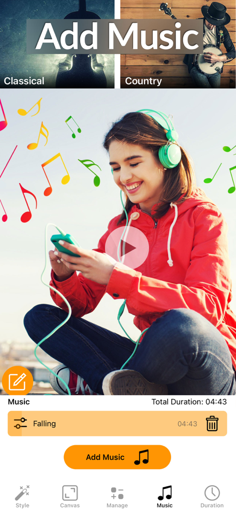 Interface de l'application Créateur de diaporama pour la sélection et l'ajout de musique de fond aux vidéos de photos