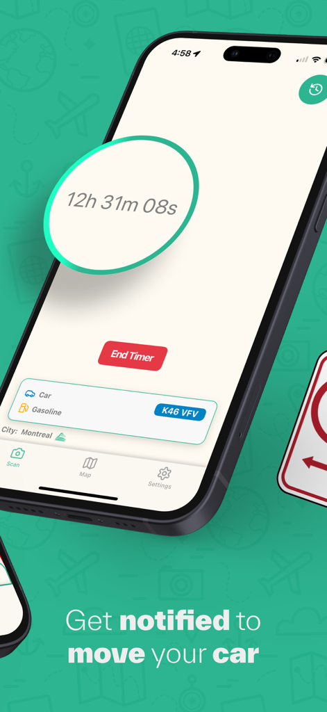 ParkUsher: Find Parking Easily - Smartphone screen displaying the ParkUsher parking countdown timer and a notification to move the car