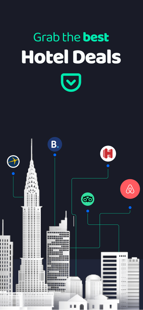 Cheap Hotels・Hotel Deals - Promo image for the Cheap Hotels app featuring a city skyline with icons from major booking platforms like Airbnb and Booking.com