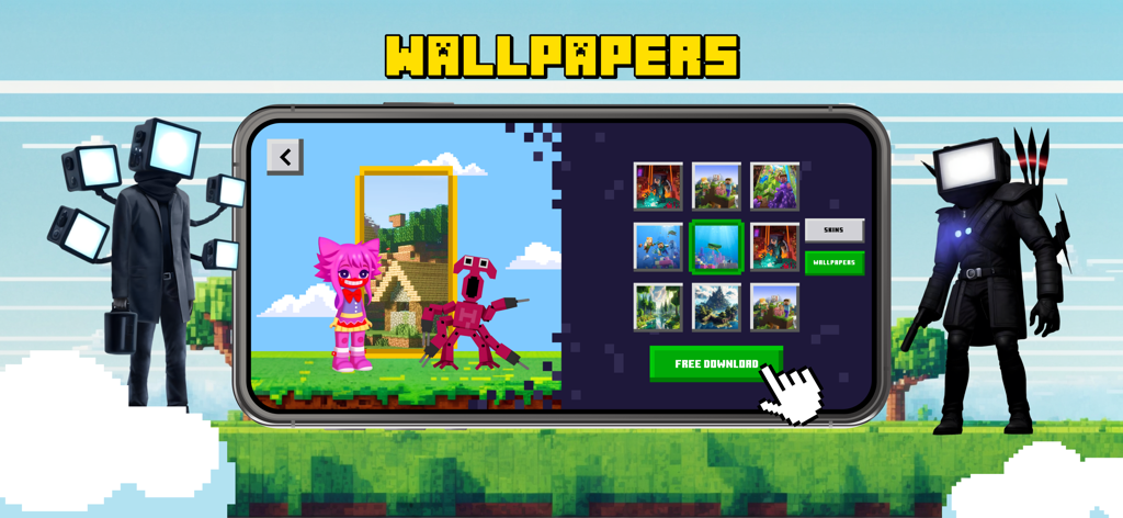 Games & Skins for Minecraft PE - Interface of the Games and Skins for Minecraft PE app showing a selection of pixel art wallpapers for download