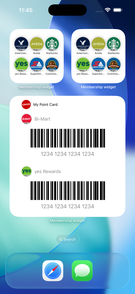 Membership widget Pro - iOS home screen displaying membership card widgets with store logos and barcodes