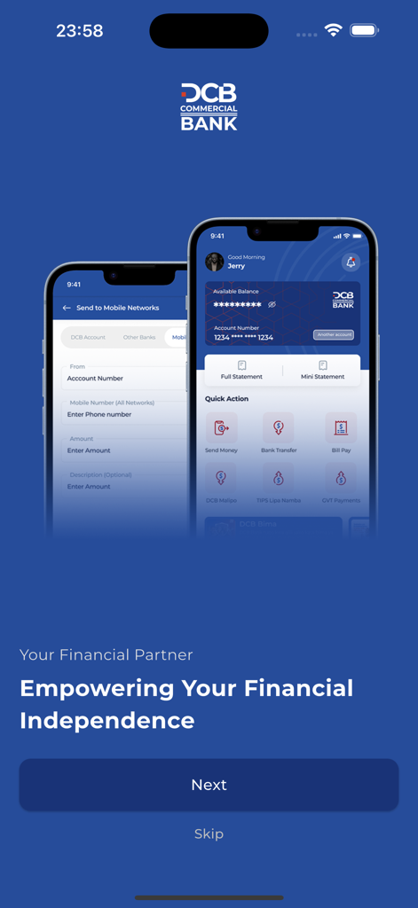 DCB Pesa Plus - Interfaz de la aplicación DCB Pesa Plus en dos iPhones que muestra el panel financiero y las acciones rápidas