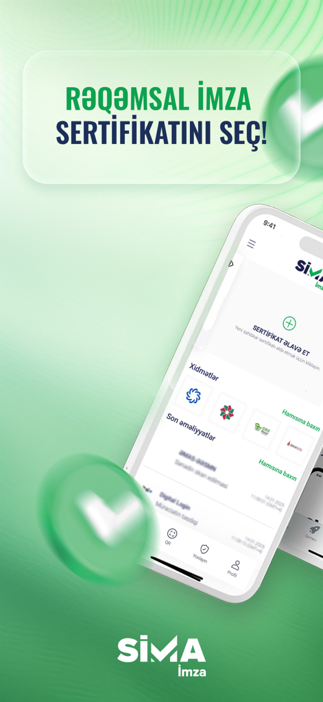 SİMA - Rəqəmsal İmza - Sima mobile app interface showing options to select a digital signature certificate