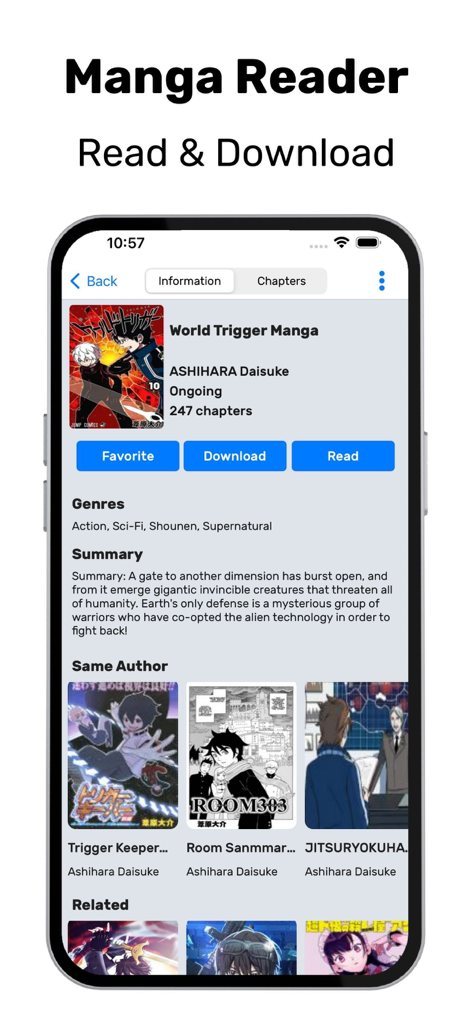 Manga Reader - Read Manga Top - Interface of Manga Reader app showing details for World Trigger manga including summary, genres, and download options.