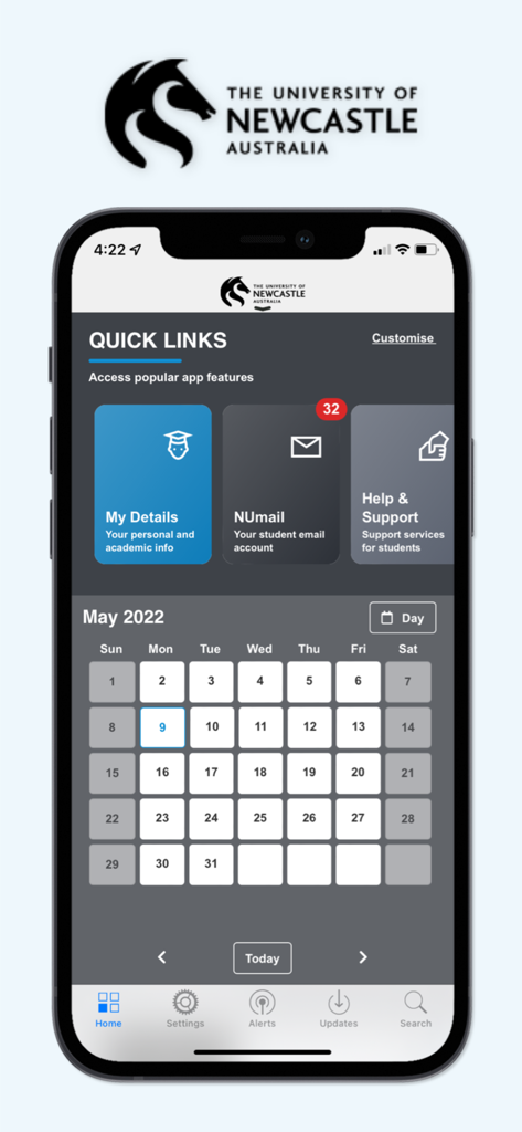 myUni University of Newcastle - The myUni student portal dashboard showing quick links for mail and academic info beside a monthly calendar