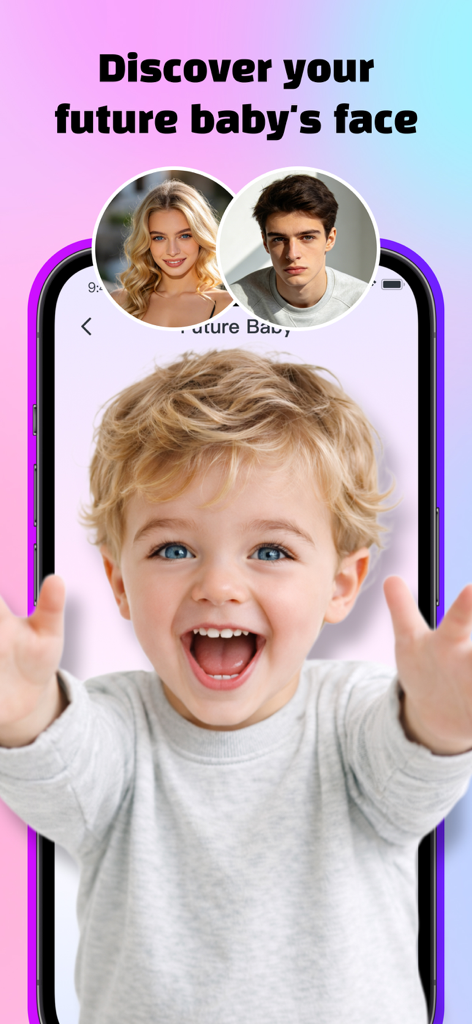 PixelMint – AI Photo Magic - Función de predicción de rostro de futuro bebé generada por IA en la aplicación PixelMint