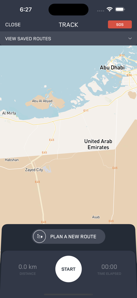 Ardhi - #MyLand أرضي - Map view of the Ardhi off-road navigation app showing the track feature and SOS button.