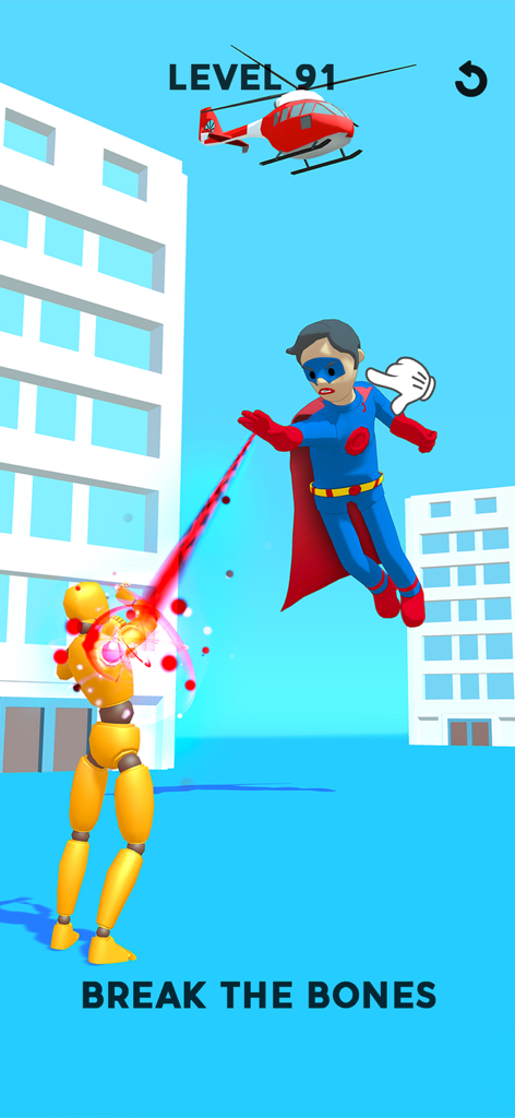 Un super-héros en costume bleu et cape rouge tirant un laser rouge sur un mannequin ragdoll jaune pour lui casser les os.