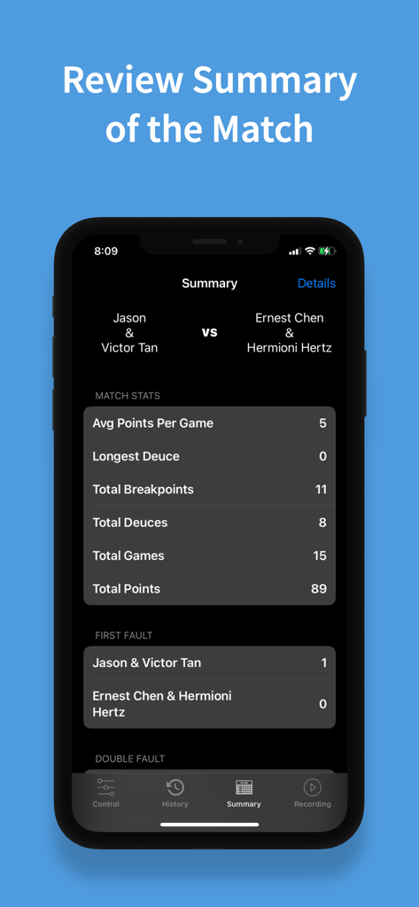 eyes3: AI LineCall and VAR - The match summary screen of the eyes3 app showing detailed performance statistics and analytics for a doubles match