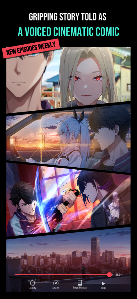 Paranoize - Paranoize app interface showing multiple anime scenes from a voiced cinematic comic with story controls