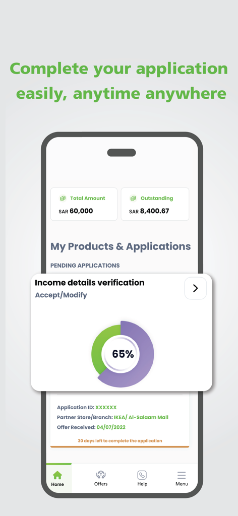 TAS HEEL Finance app interface showing personal finance application progress and income verification status