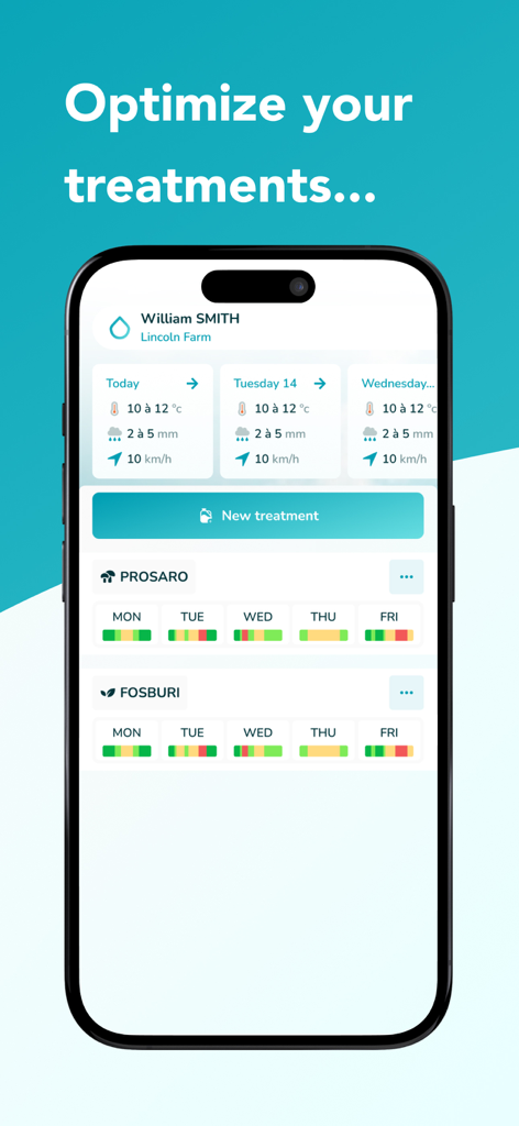 HYGO, agronomy & weather - Écran de l'application HYGO montrant la planification des traitements agricoles et les recommandations de calendrier de pulvérisation basées sur la météo.