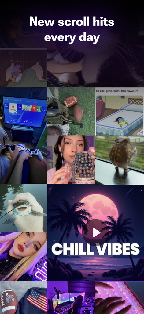 Scrolla: fun reels, no stress - Un collage de miniaturas de videos cortos diversos en la aplicación Scrolla, destacando el nuevo contenido diario y las vibras relajadas