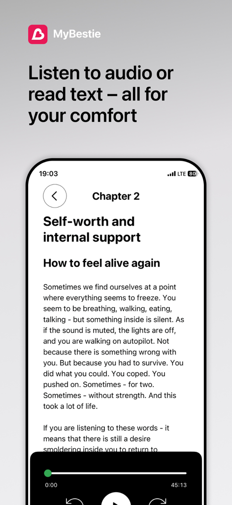 MyBestie－Mental Health Support - MyBestie App-Oberfläche mit einem Kapitel über psychische Gesundheit und Selbstwertgefühl, mit Optionen zum Anhören von Audio oder Lesen von Text.