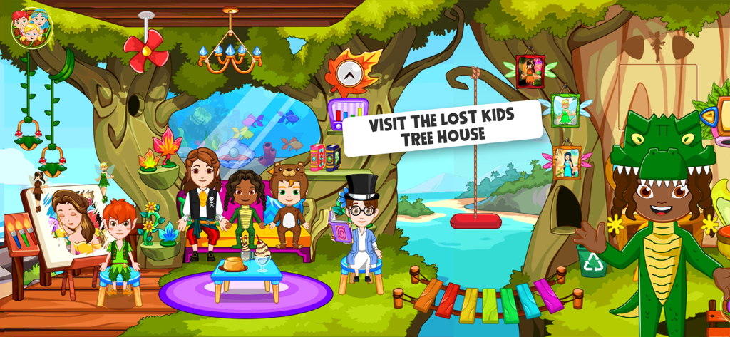 Characters from Wonderland Peter Pan playing inside the lost kids treehouse
