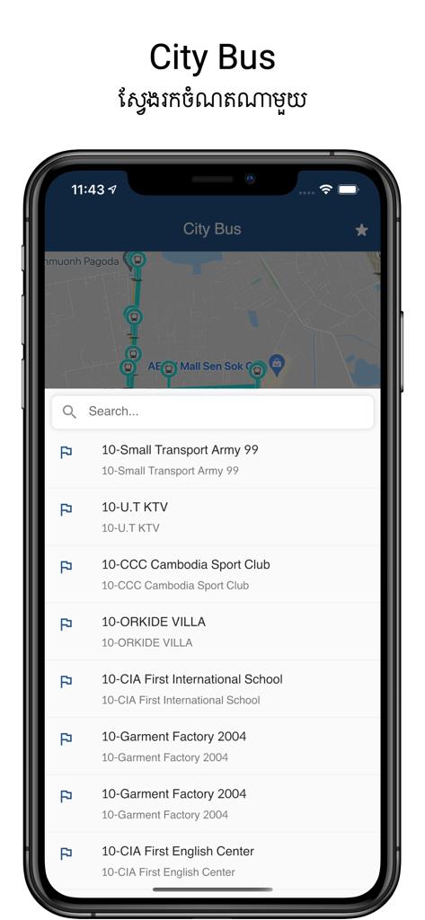 A mobile interface of the City Bus Official App displaying a map and a searchable list of bus stops in Phnom Penh