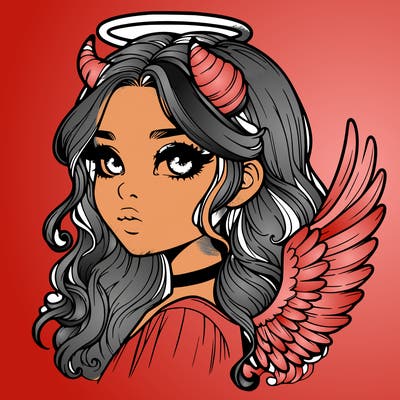 realistic girl with horns and wings and halo