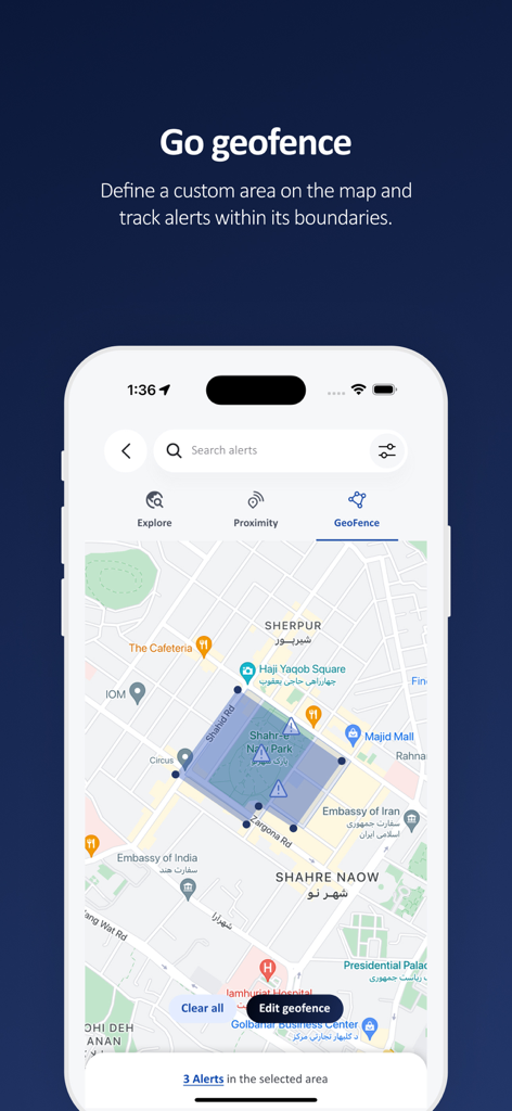 INSO - INSO app interface showing a custom geofence on a city map with security alerts for humanitarian workers