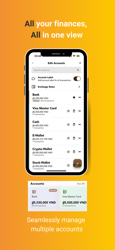XMoney: All Your Money Moves - Interface of XMoney app displaying a list of various financial accounts including bank cash and crypto wallets in one unified view