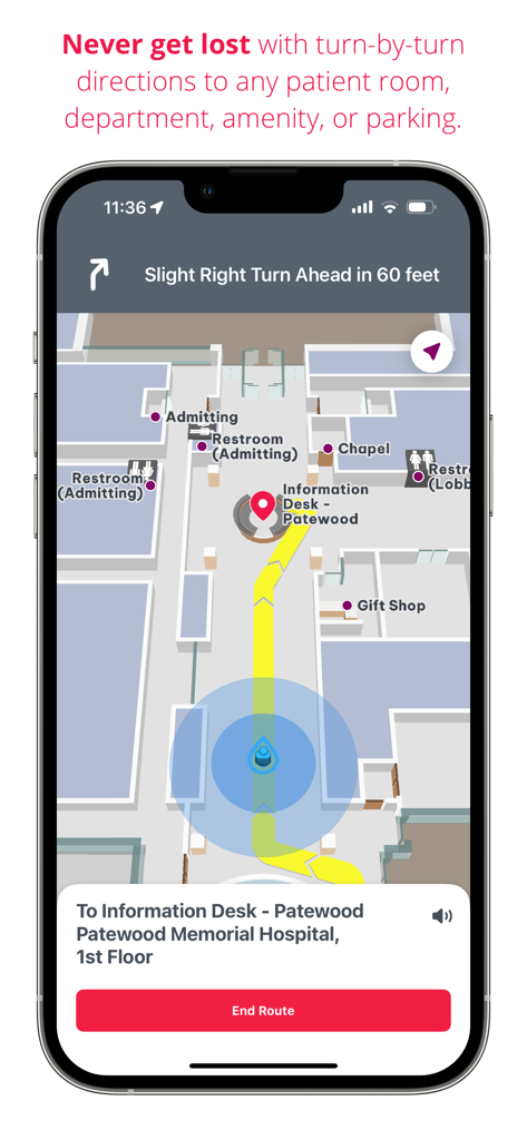 Prisma Health GO - Prisma Health GO app interface showing indoor turn by turn hospital navigation instructions.