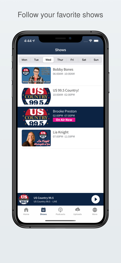 US Country 99.5 - US Country 995 app screen displaying the daily radio show schedule with host names and broadcast times