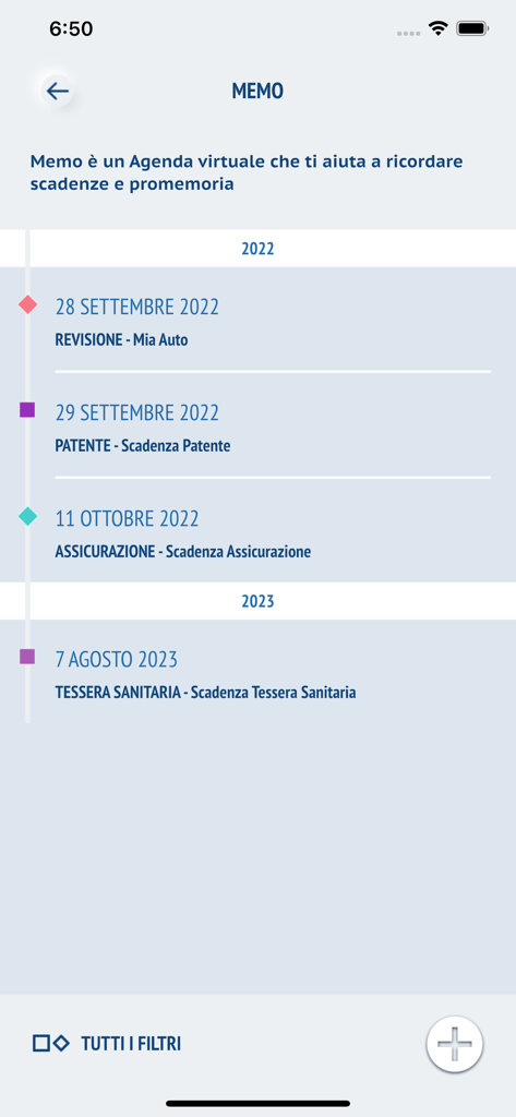 Memo screen in the ACI Space app displaying a virtual agenda with reminders for car inspection, driver license, and insurance expiration dates