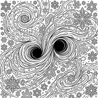 Journey to the edge of the universe with this extraordinary coloring page, blending the dramatic power of black hole mergers with the serene beauty of a winter wonderland. Swirling cosmic patterns meet intricate snowflakes, offering a mesmerizing canvas for your creativity.