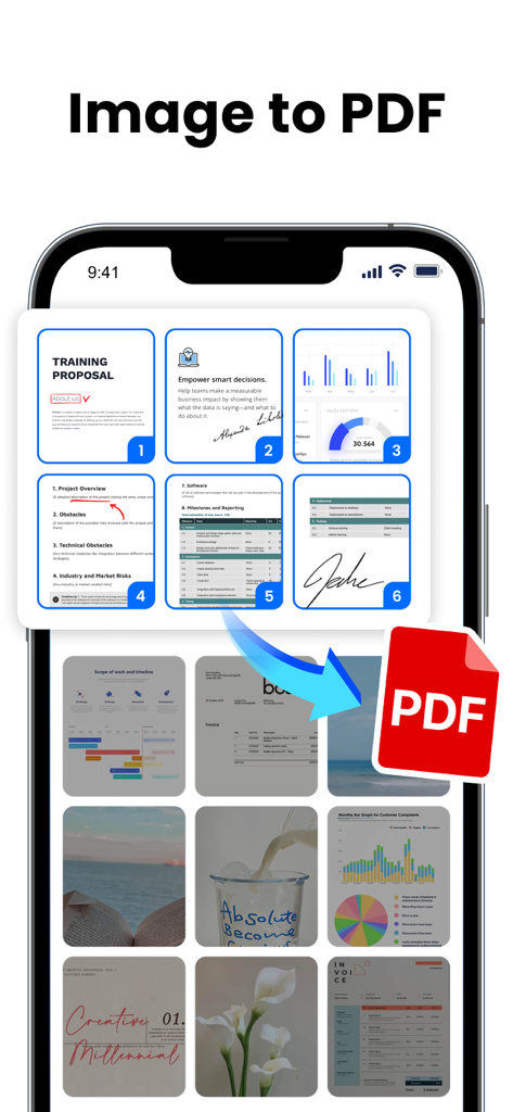 PDF Reader & PDF Editor - 複数の画像やドキュメントをPDFファイルに変換する方法を示すモバイルアプリのインターフェース