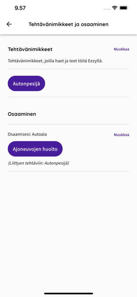 Interface do aplicativo Eezy Talents exibindo títulos de emprego e tela de gerenciamento de habilidades