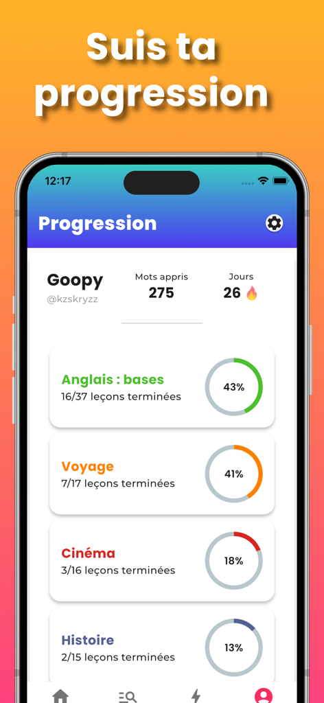 Goopy : Apprendre l'anglais - Panel de control de la aplicación Goopy que muestra el progreso de un usuario en diferentes temas de aprendizaje de inglés como viajes y cine.