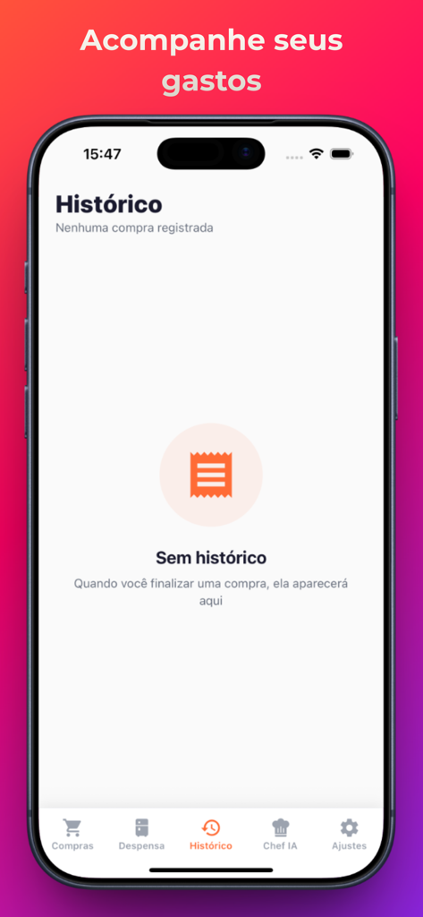 Lista de Compras e Despensa - Pantalla de historial de compras de la aplicación de comestibles Super Lista que muestra una sección para rastrear el gasto del hogar.