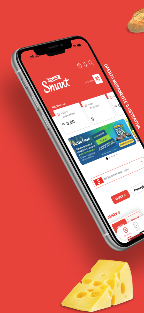 Clube Smart Supermercados - Interface do aplicativo móvel para o programa de fidelidade e recompensas do supermercado Clube Smart