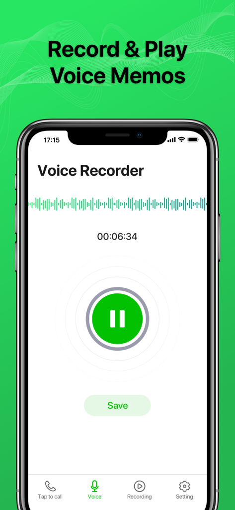 Écran d'iPhone affichant l'interface d'enregistrement de mémo vocal avec une onde sonore et un bouton de pause vert