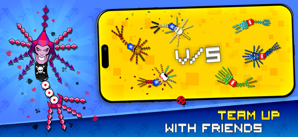 Mobile game screen showing multiplayer team battle mode with colorful pixelated swordfish characters