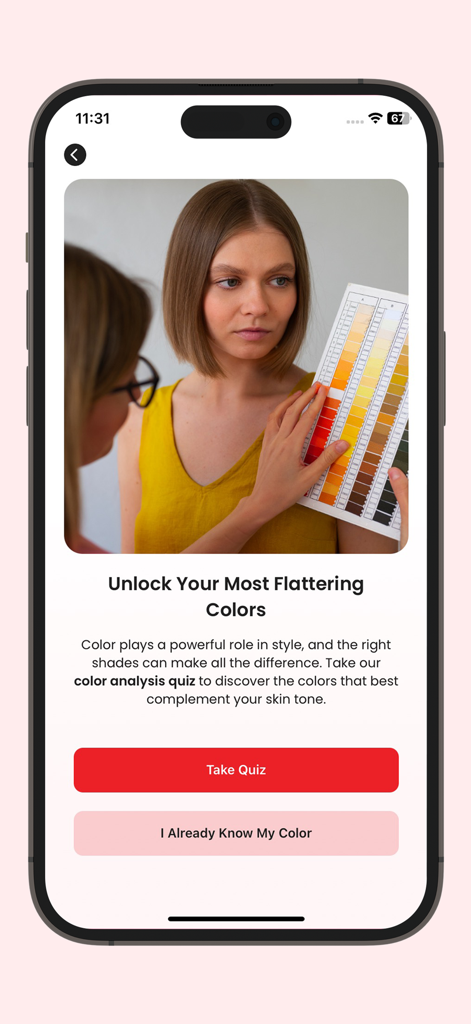 Schermata dell'app Ai Stylist con un quiz di analisi dei colori per aiutare gli utenti a trovare i loro colori di abbigliamento più valorizzanti
